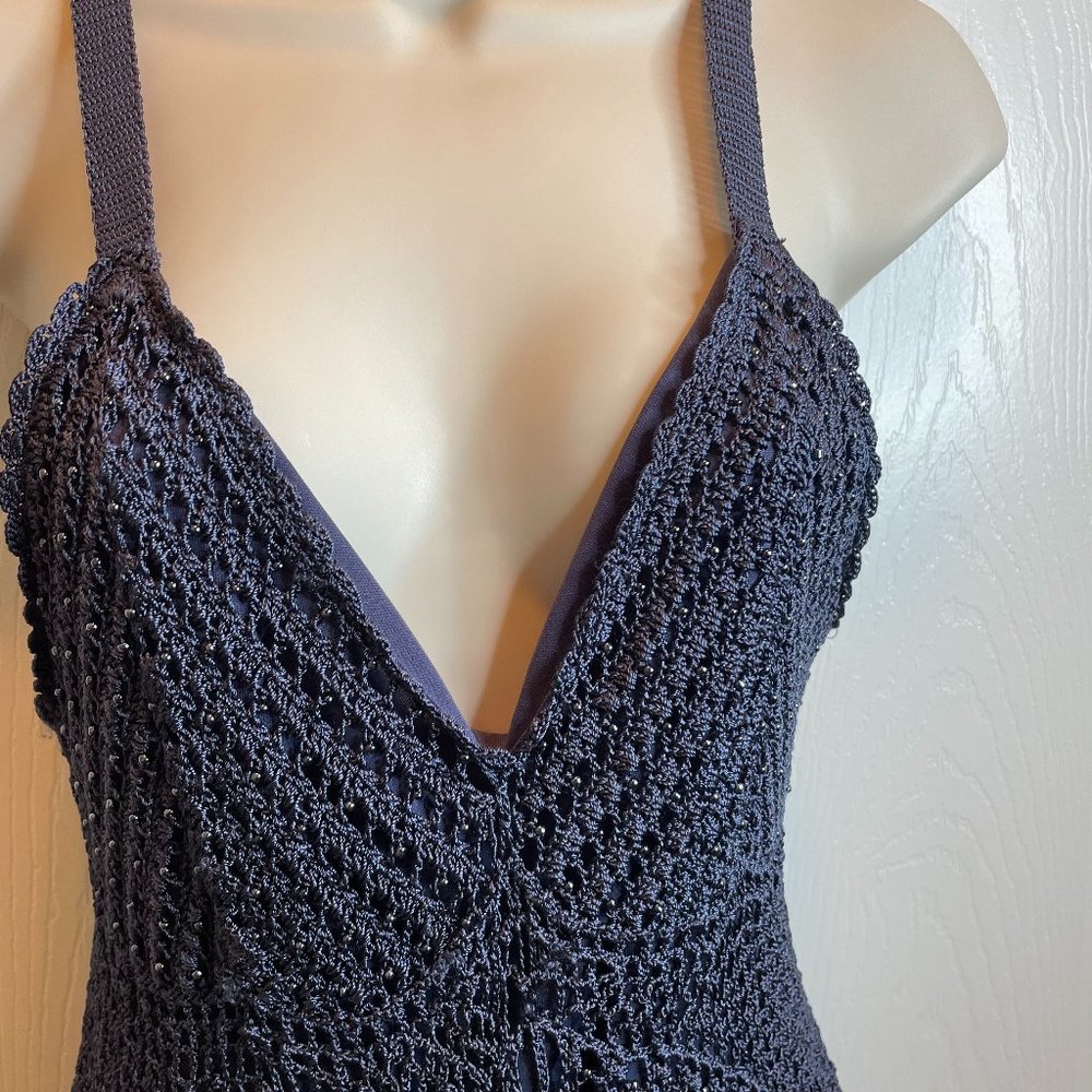Womens sexy blue mesh tank with lining and small beads size Large